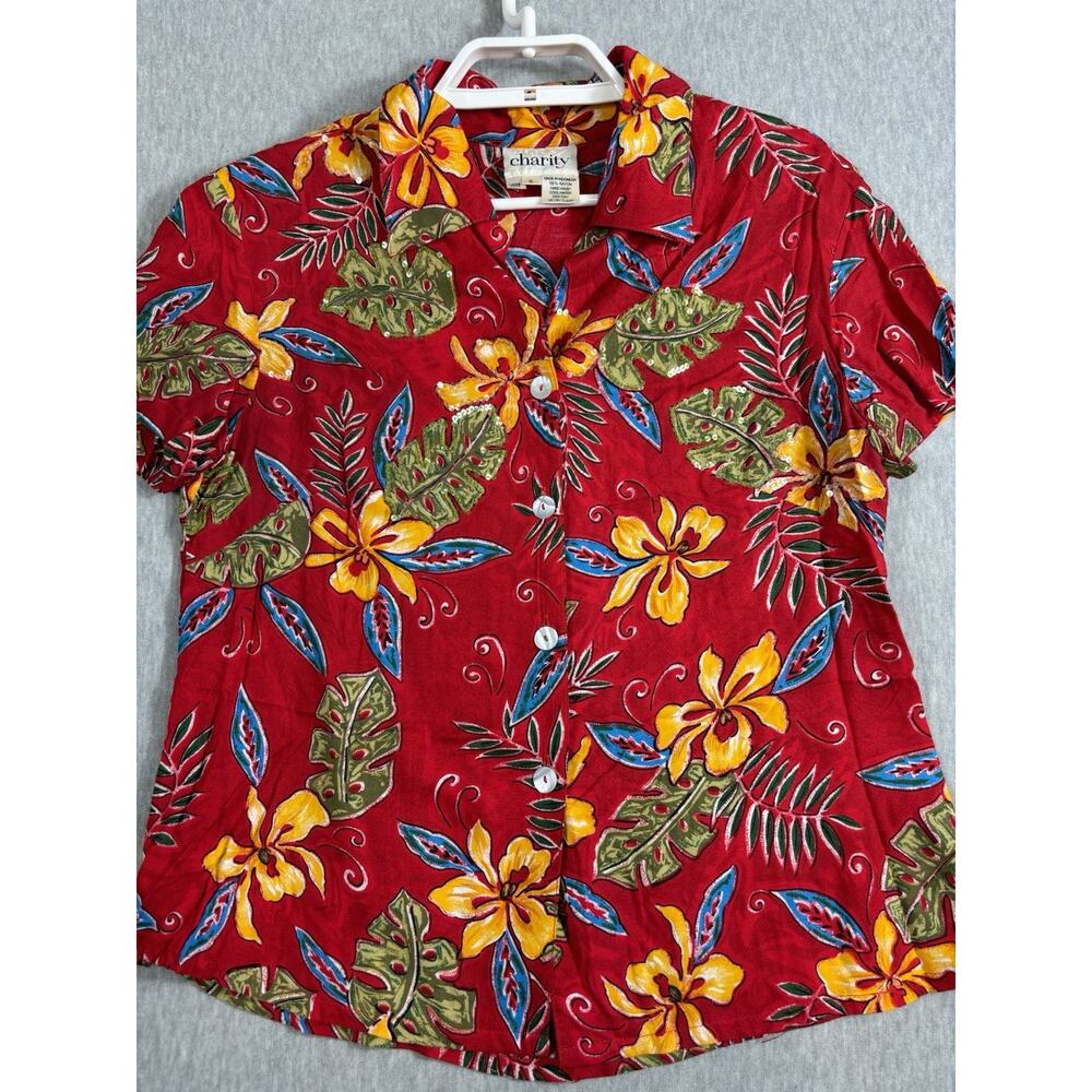 Vintage Hawaiian Shirt Size S Rayon Sequin‎ Floral Red Short Sleeve Button Up